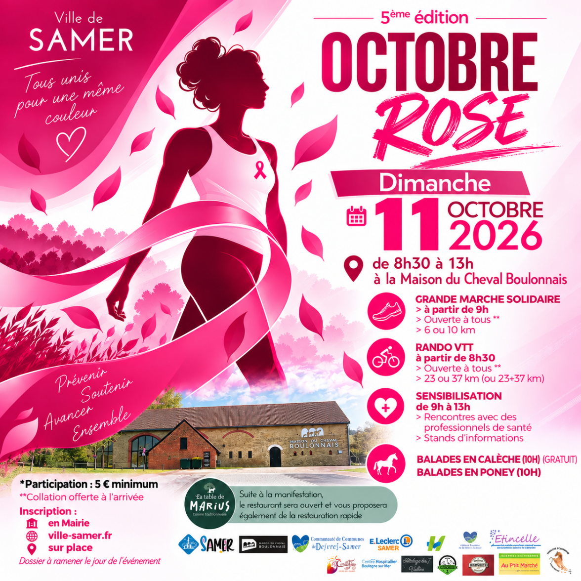 Affiche présentant les manifestations organisées dans le cadre d'octobre rose, le dimanche 11 octobre 2026, à la maison du cheval boulonnais, de 8h30 à 13h00